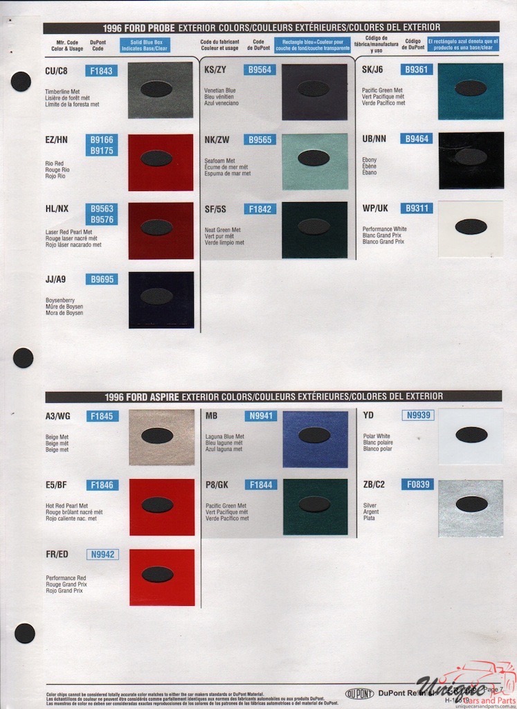 1996 Ford Paint Charts Probe Aspre DuPont